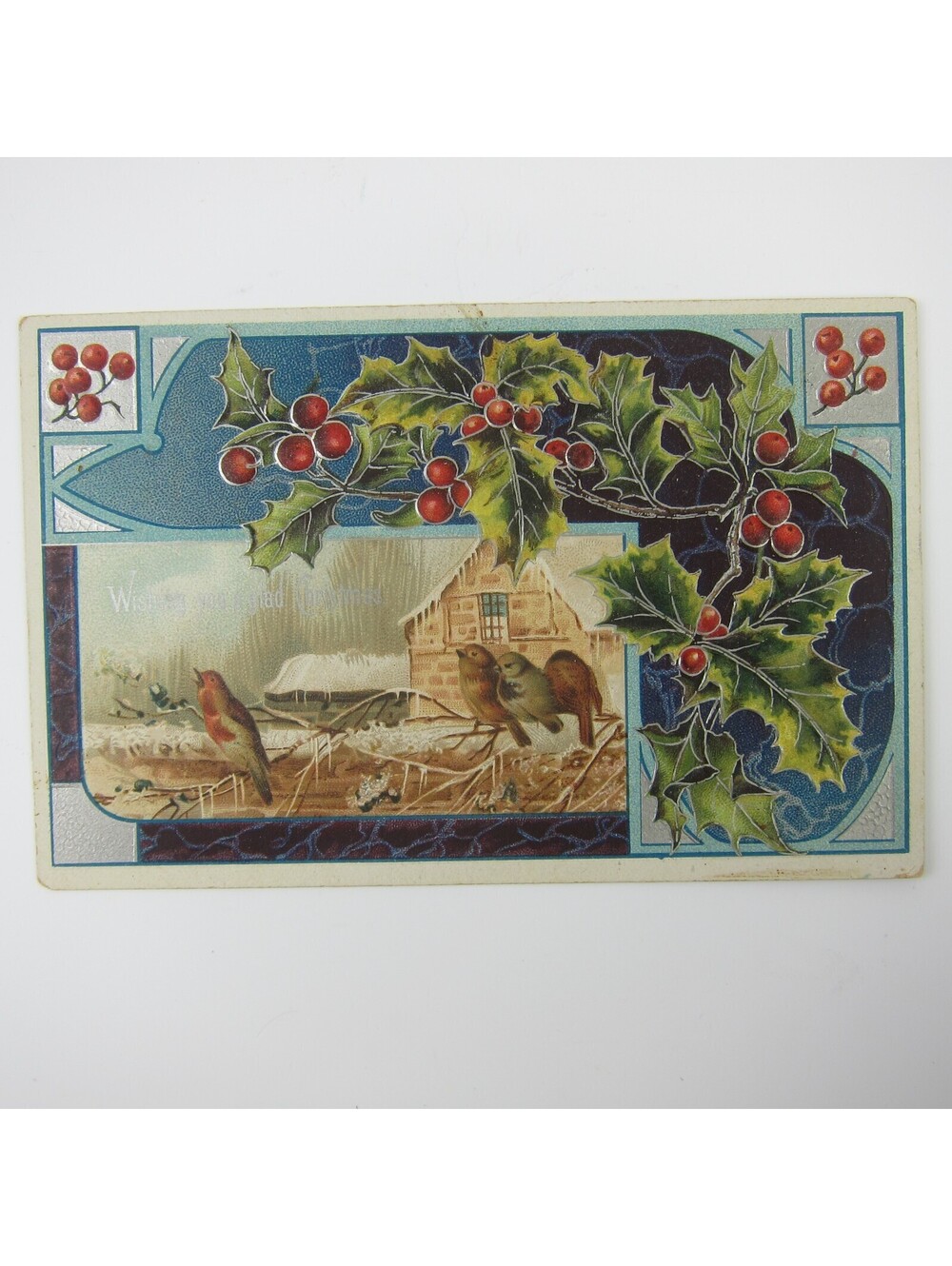 Antique Christmas Postcard Snowy House Birds Holly Berries Silver Embossed 1910